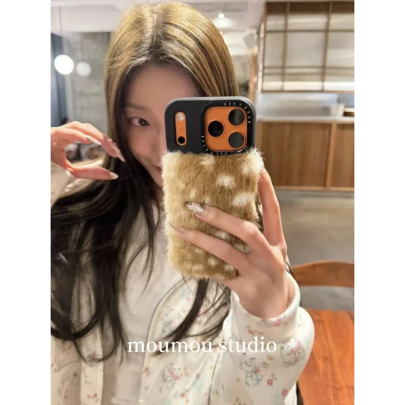 ins辣妹鹿毛豹纹手机壳适用于苹果17promax/16防摔加厚毛绒日韩