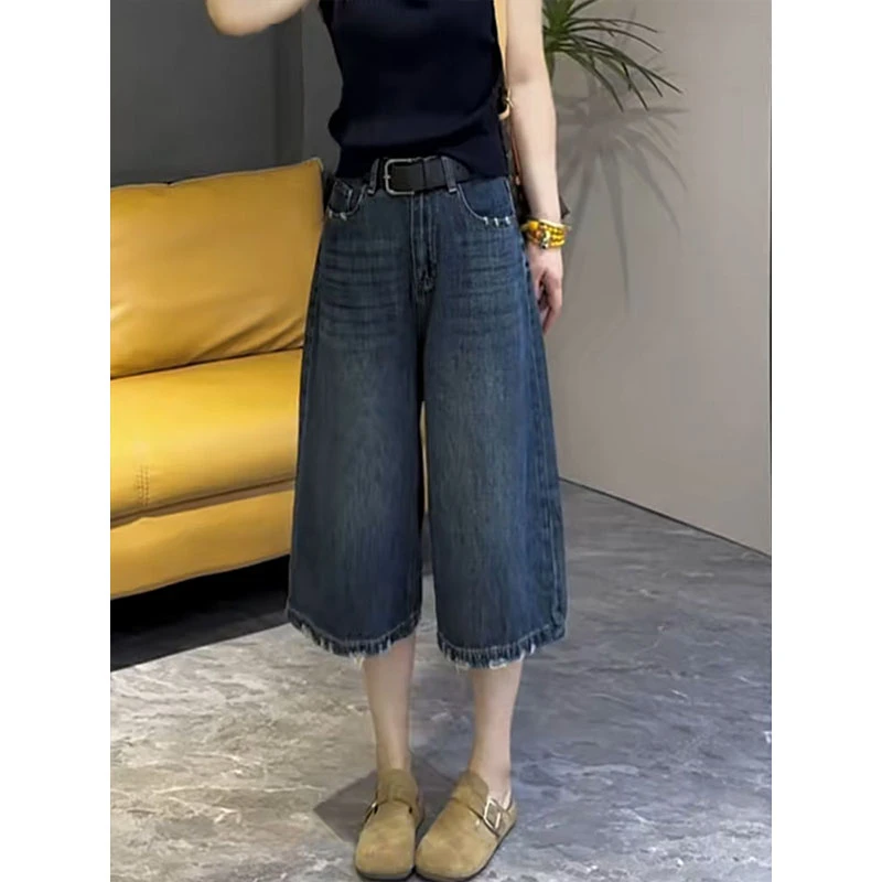 2025夏季新款高腰百搭牛仔短裤女时尚减龄复古休闲显瘦直筒七分裤