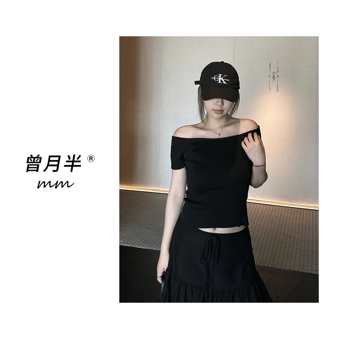 曾月半《迷人直角肩》弹力爽纱棉一字肩针织短袖！ZS1192