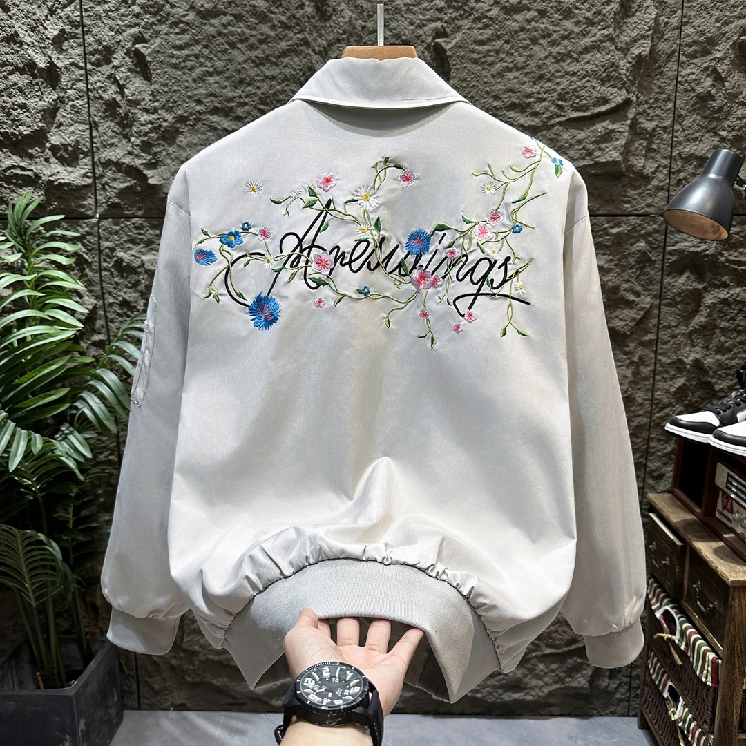 美式花卉刺绣飞行夹克男生春秋薄款cleanfit翻领棒球服情侣外套潮