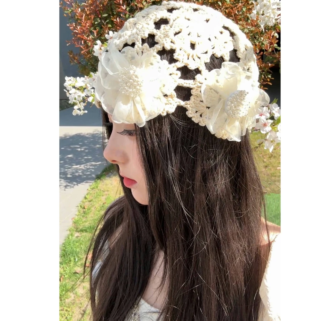 新款洋气镂空薄款手工钩针蕾丝帽子花朵女夏季时尚包头帽气质网红