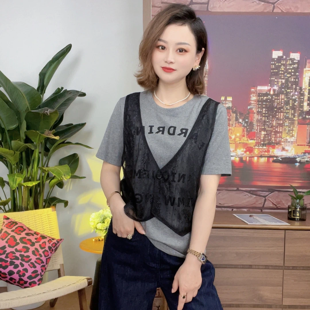 《优麦汇》2025款夏季新款假两件短袖休闲时尚T恤