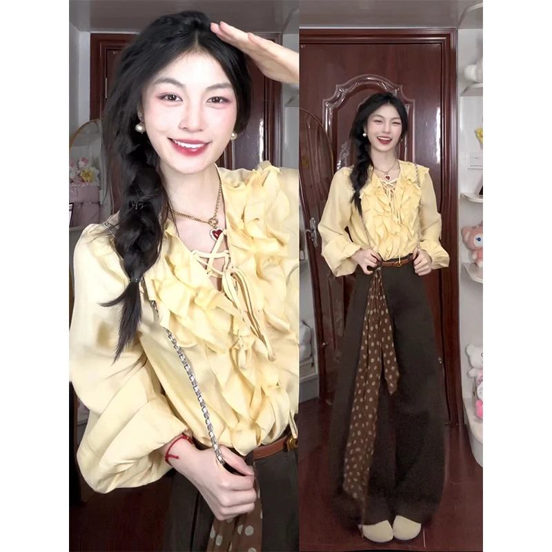parkyeon秋季新款高级感系带荷叶边衬衫上衣高腰阔腿休闲裤套装