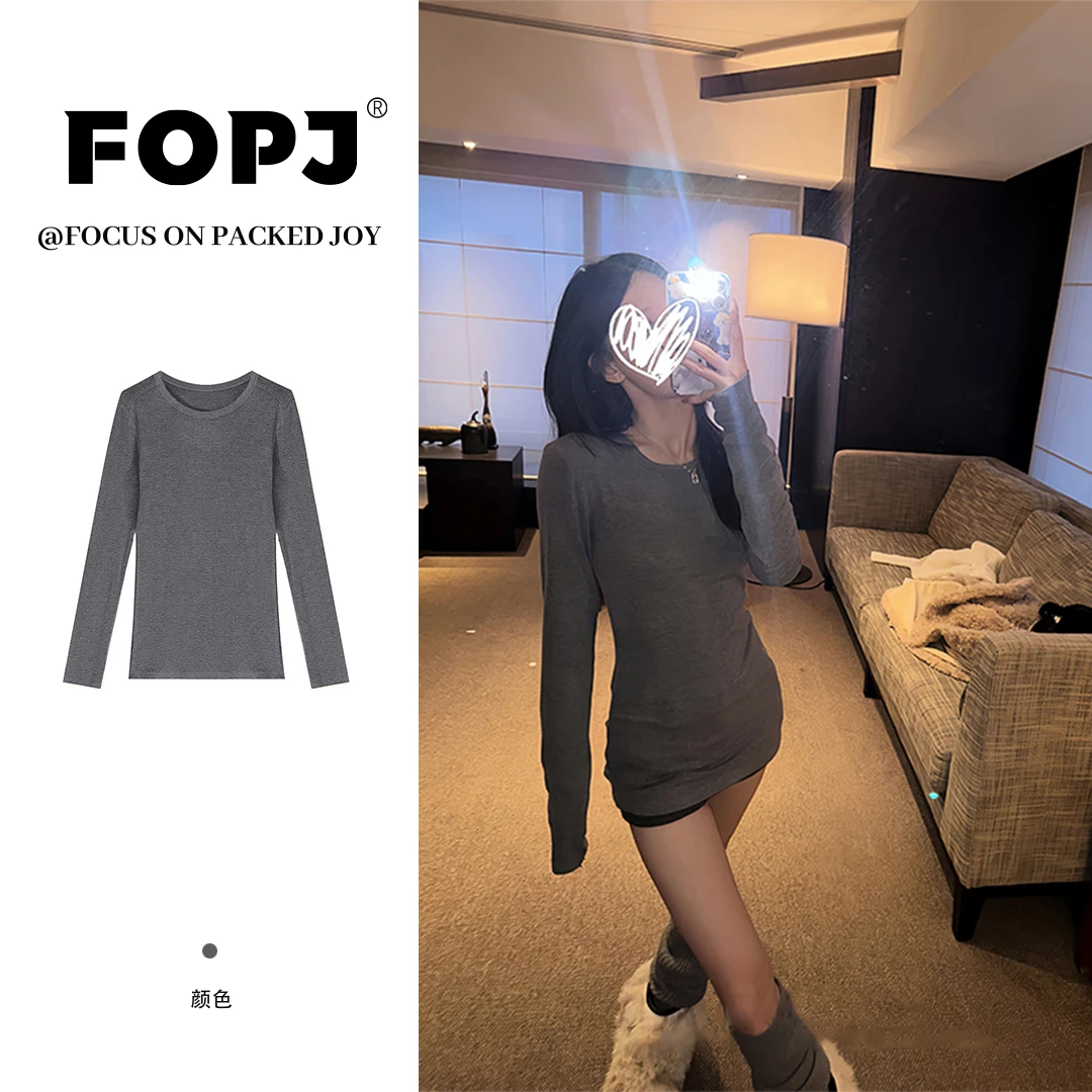 FOPJ春秋季长袖修身显瘦T恤女韩系纯色德绒打底衫圆领设计感上衣