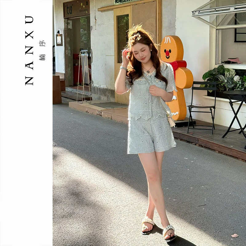 楠序微胖女装 洋气小众衣服女小香风蕾丝显瘦夏季女装套装YZ36256
