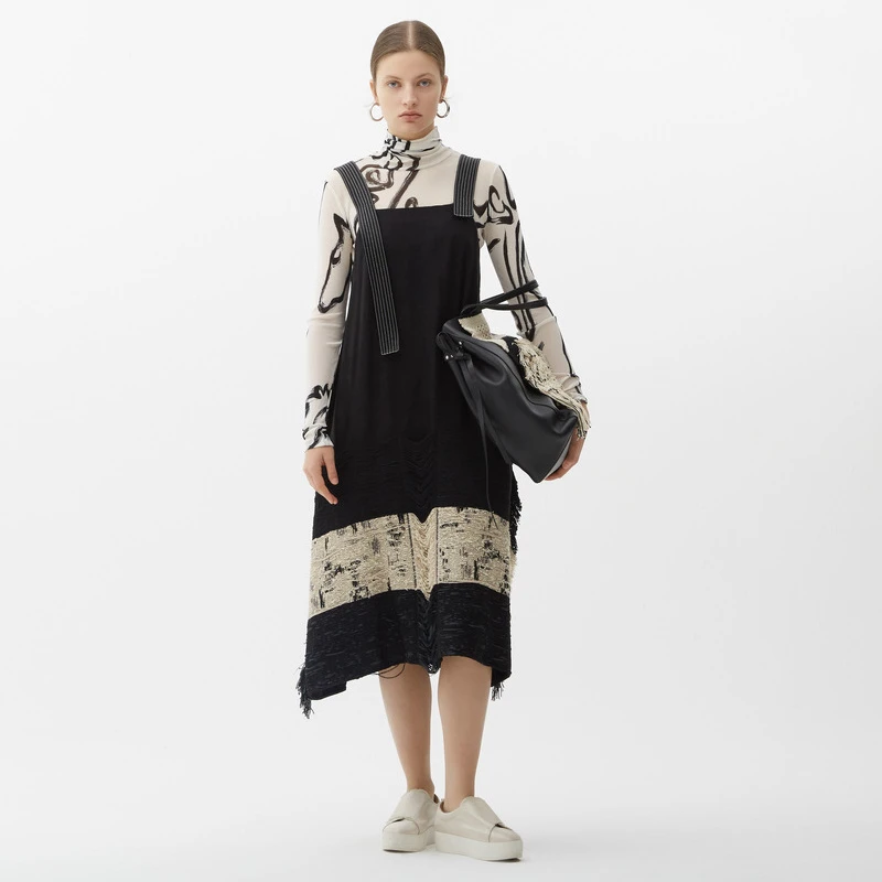 玛丝菲尔宽松拼接复古中长裙通勤时尚连衣裙A1KT10036