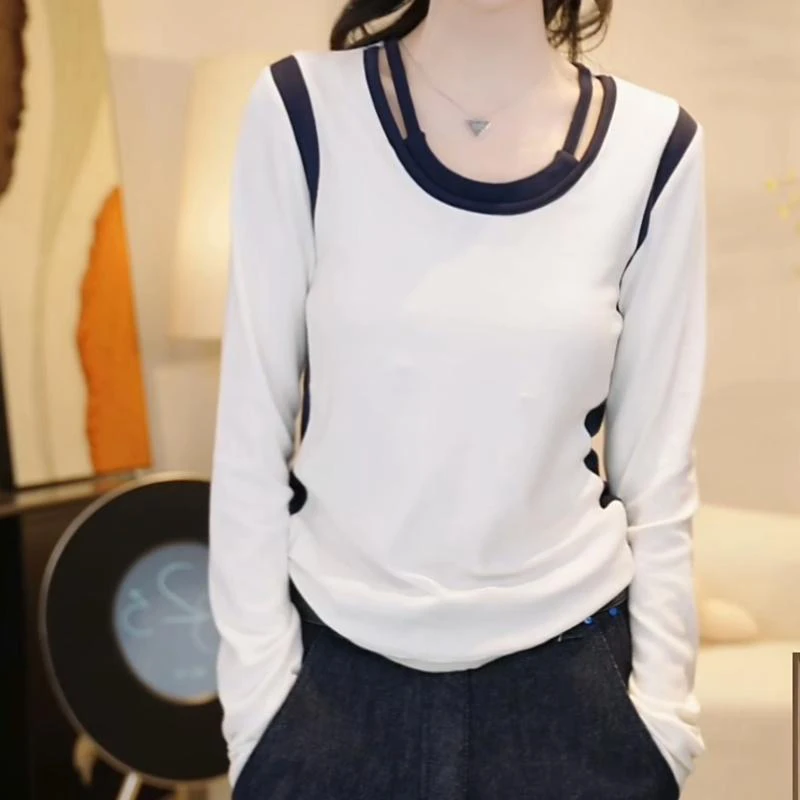 秋季新品设计师假两件百搭休闲打底衫T恤上衣