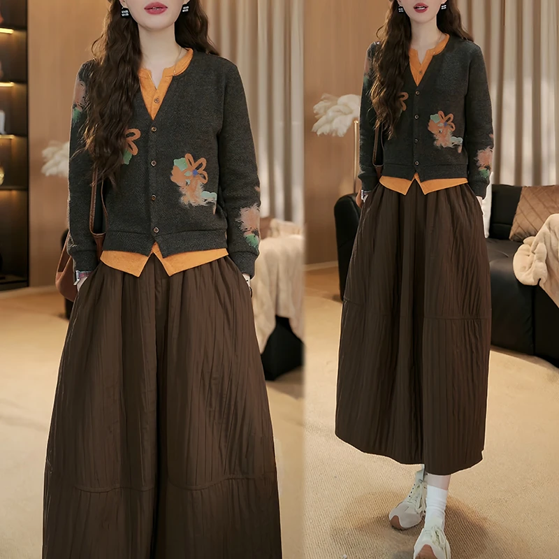 复古文艺宽松通勤休闲显瘦款2025秋冬撞色针织开衫阔腿裙套装女款