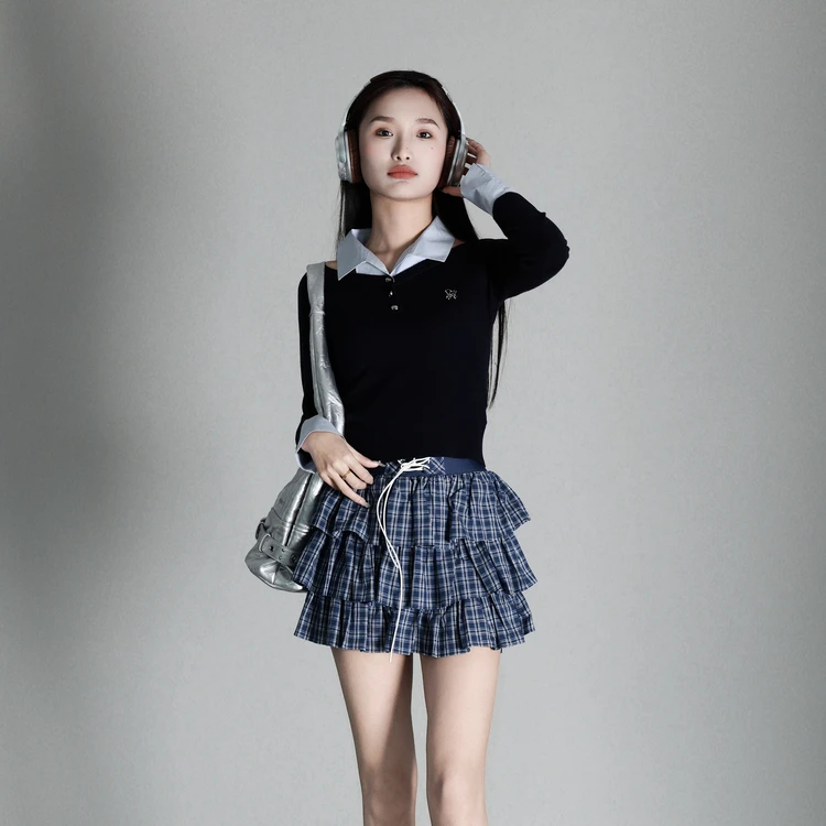 【商场同款新品】西町村屋学院针梭拼接小衫女春季上衣 XAAA10130