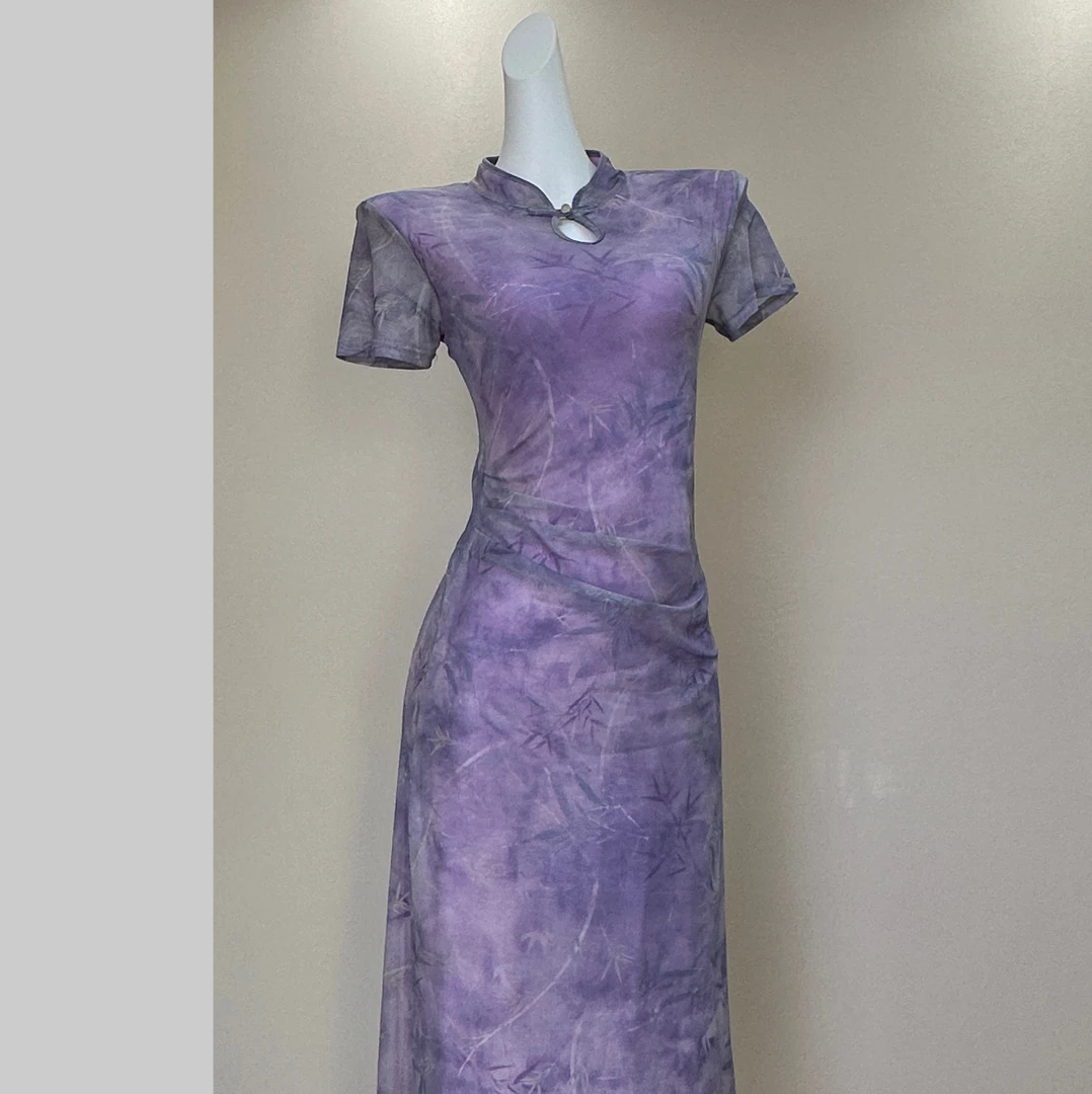 【现货】2025新中式扎染夏款旗袍裙女修身短袖印花显瘦减龄连衣裙