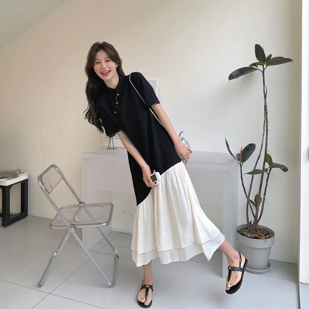 新中式国风盘扣拼接连衣裙女夏季高级感假两件拼接鱼尾裙子t恤裙