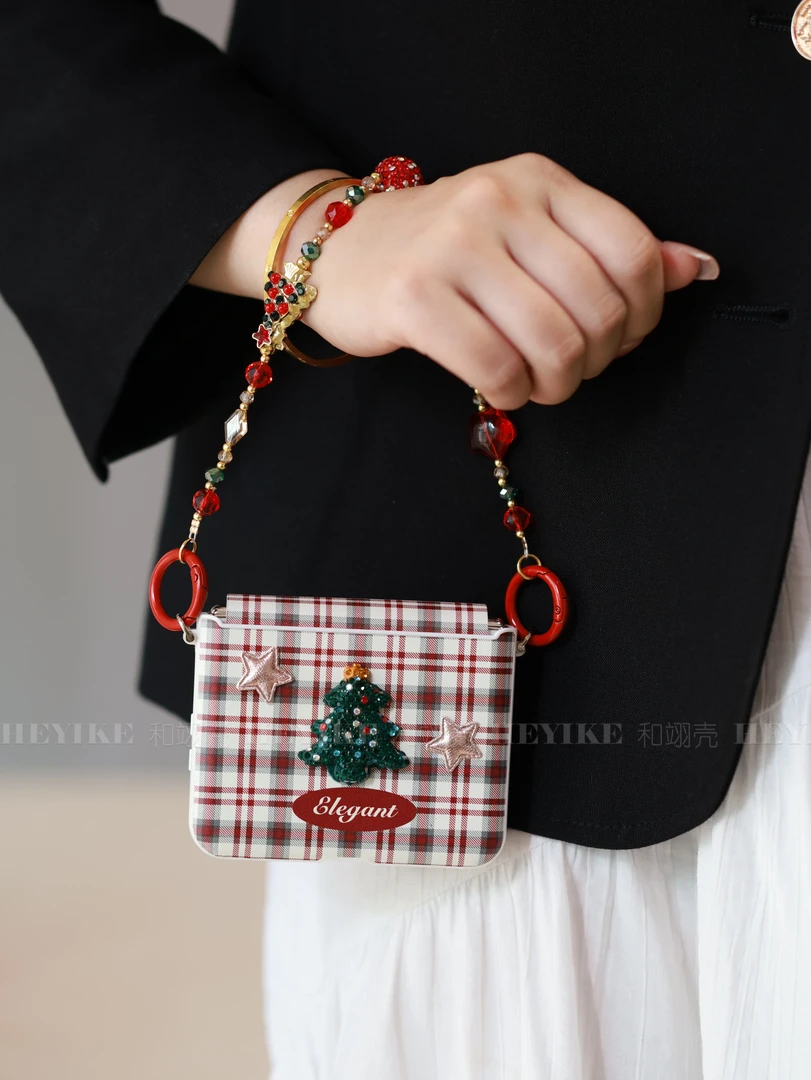 酒红格纹圣诞树适用华为purax手机壳magicvflip2防摔斜挎xflip2