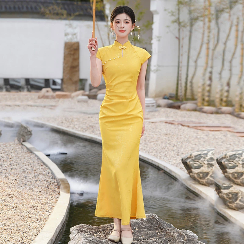 柠檬黄国风新中式鱼尾长款改良旗袍2025新款女复古修身宴会晚礼服
