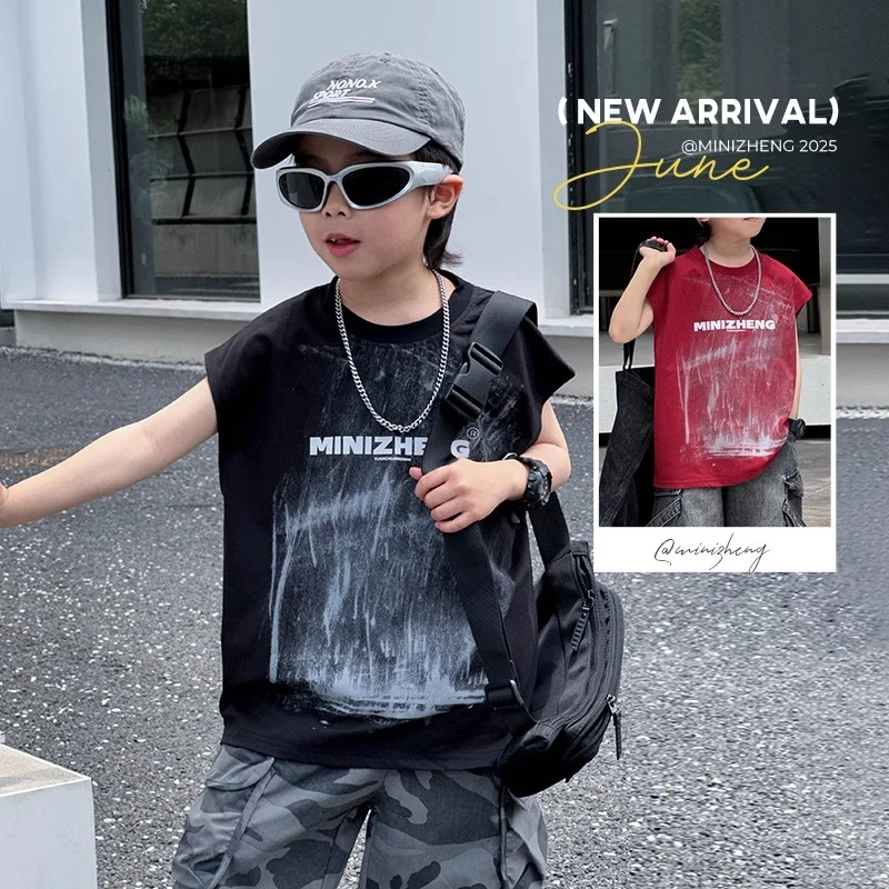 童装男宝坎肩外穿无袖t恤潮酷擦色字母黑色男童背心夏薄款