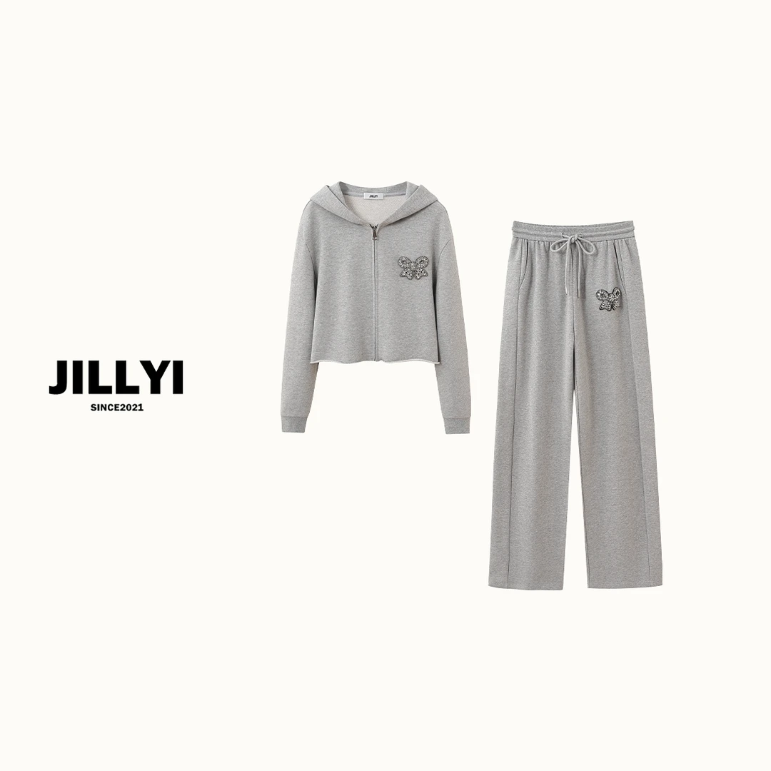 jillyi【浅灰悸动】灰色连帽运动休闲外套+灰色长裤秋季时尚套装