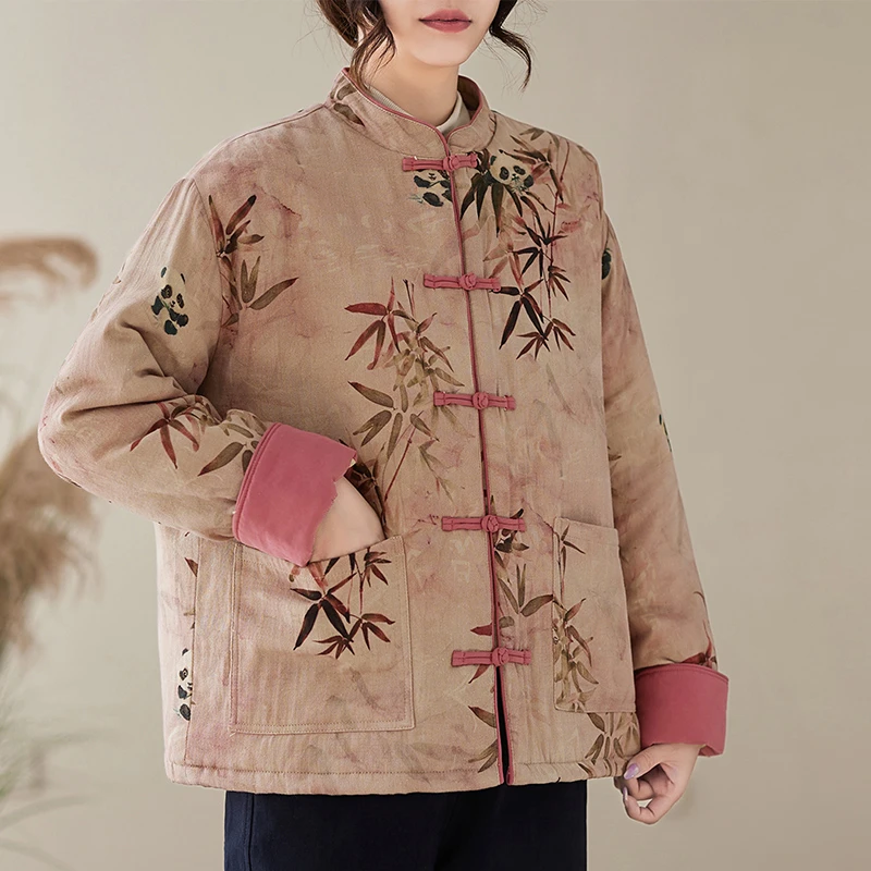 时尚中国风对襟盘扣棉服2025冬季复古做旧立领印花休闲保暖棉袄女