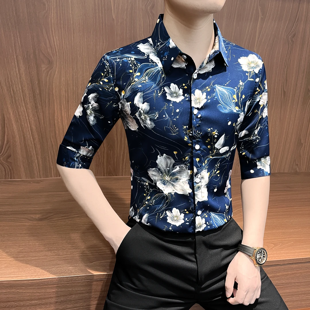 七分袖花衬衫男士2025新款爆款潮流时尚男装秋季印花男款衬衣短袖