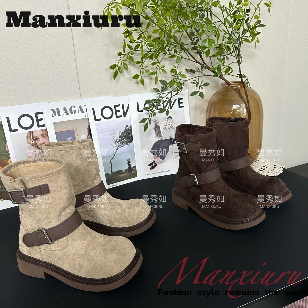 ManXR-【秋风引】复古磨砂烟筒粗跟短靴2025新款套筒切尔西靴马丁靴