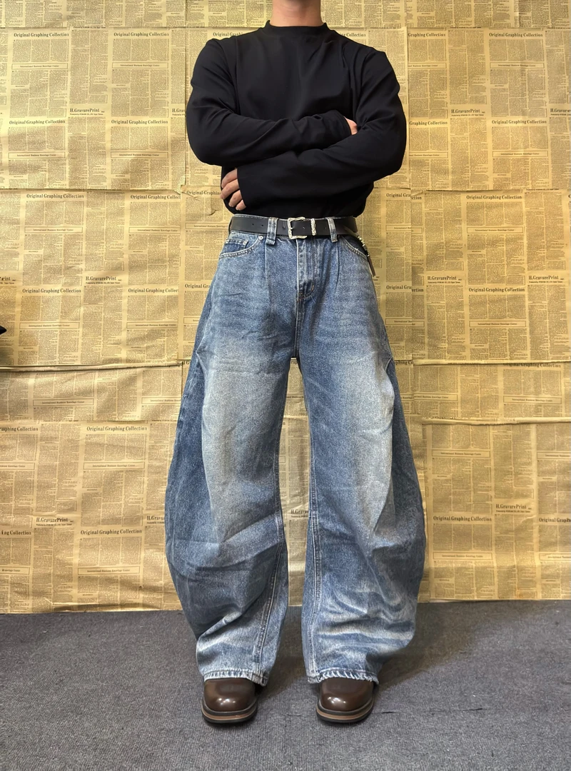 YU811 美式复古水洗做旧宽松休闲弯刀打褶牛仔裤男女潮牌阔腿裤