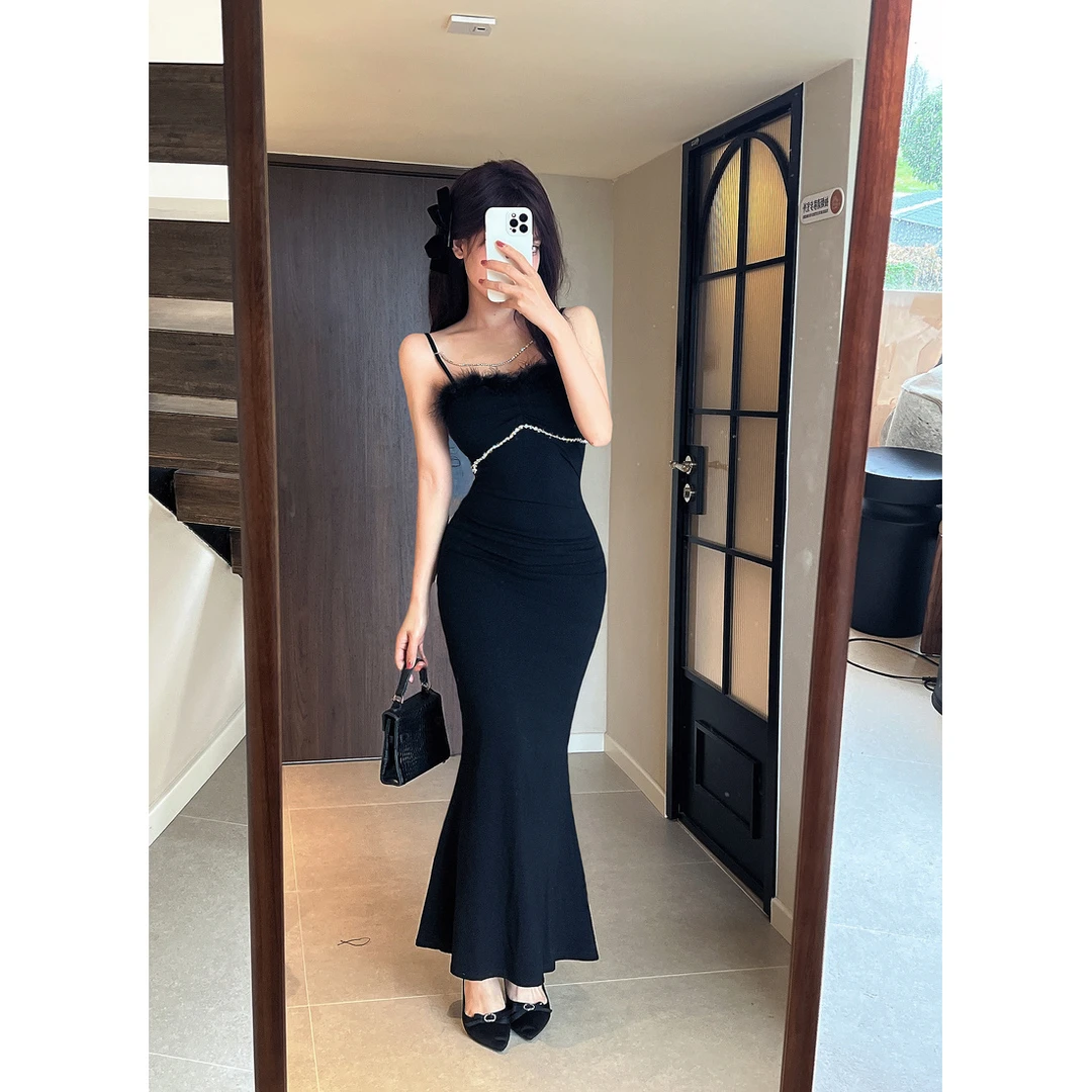 名媛闪钻吊带抓绒连衣裙纯欲性感抹胸包臀小妈裙显身材绝美显瘦