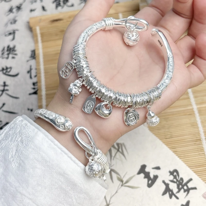 足银手镯 新款吉言猫爪盘缠手镯带吊坠足银999原创实心纯手工手镯