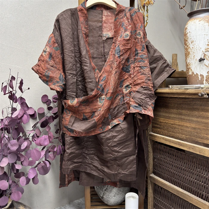 木澜珊~原创苎麻拼接中长款禅茶服    衣长85胸围130以上