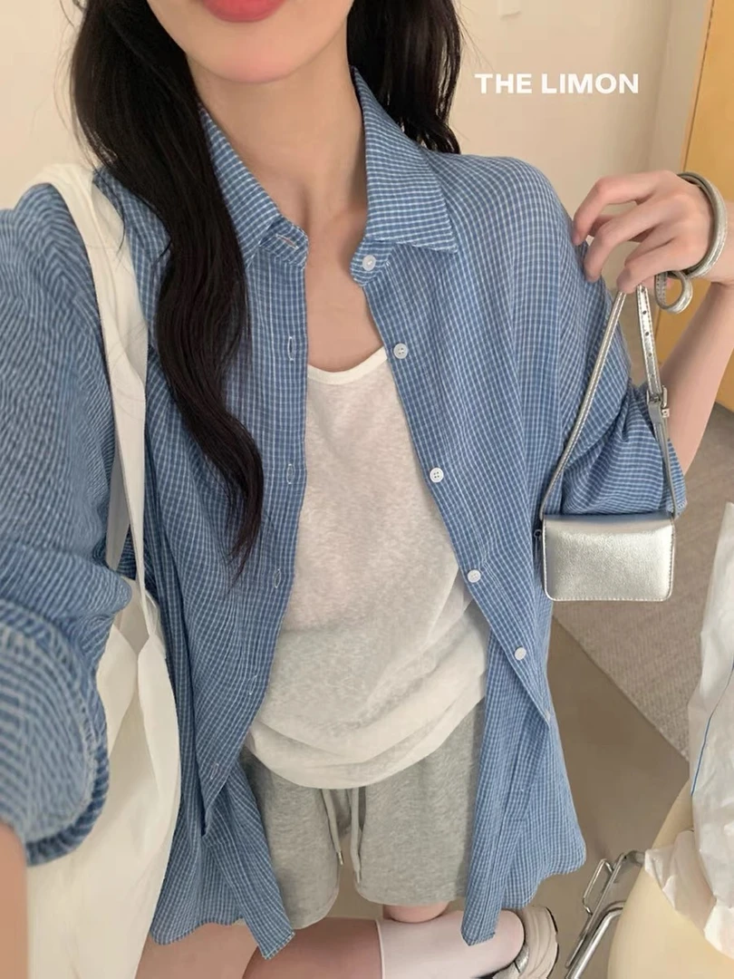 韩系慵懒风蓝色格子长袖防晒衬衫女夏季新款宽松衬衣休闲薄款上衣