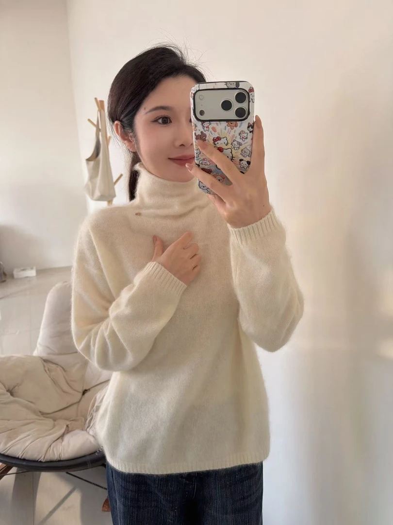 【雍绒】山羊绒拉绒长袖毛衣纯色针织加厚堆堆领衫修身型8818