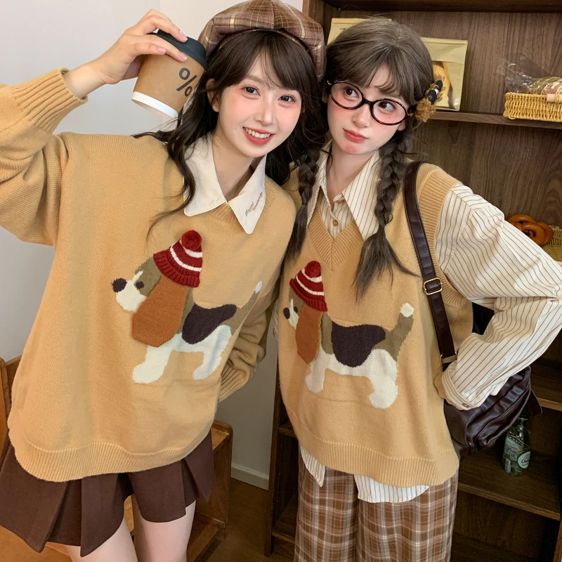 森女部落原创文艺风针织衫宽松卡通小狗学院风套头马甲复古闺蜜装