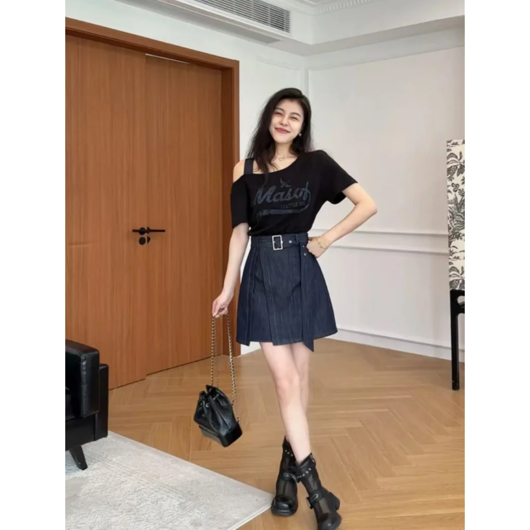 2025夏季时尚韩系假两件露肩印花拼接收腰连衣裙设计感气质短裙女