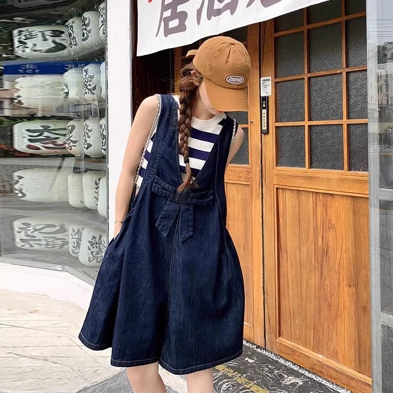 春秋减龄气质蝴蝶结牛仔背带连衣裙女微胖mm小个子洋气显瘦连体裤