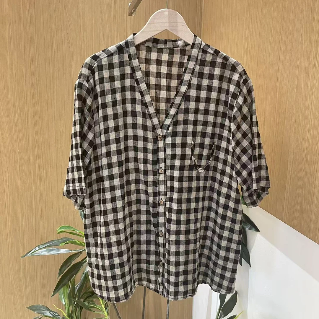 12421新款夏季优雅减龄宽松亚麻百搭上衣T恤