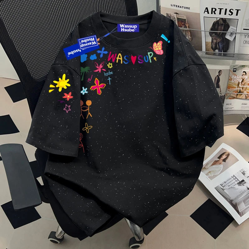 WASSUP HSUBE满天星潮牌设计感重磅纯棉短袖男女t恤宽松oversize