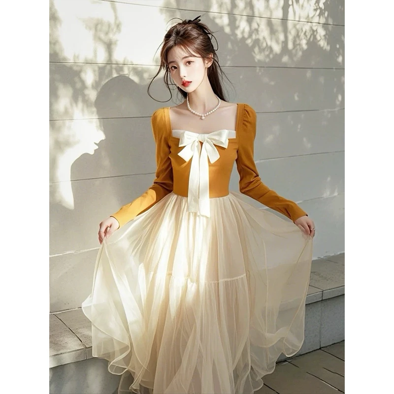 2025年春季爆款韩系千金感穿搭高级感显瘦网纱拼接灰色连衣裙女装