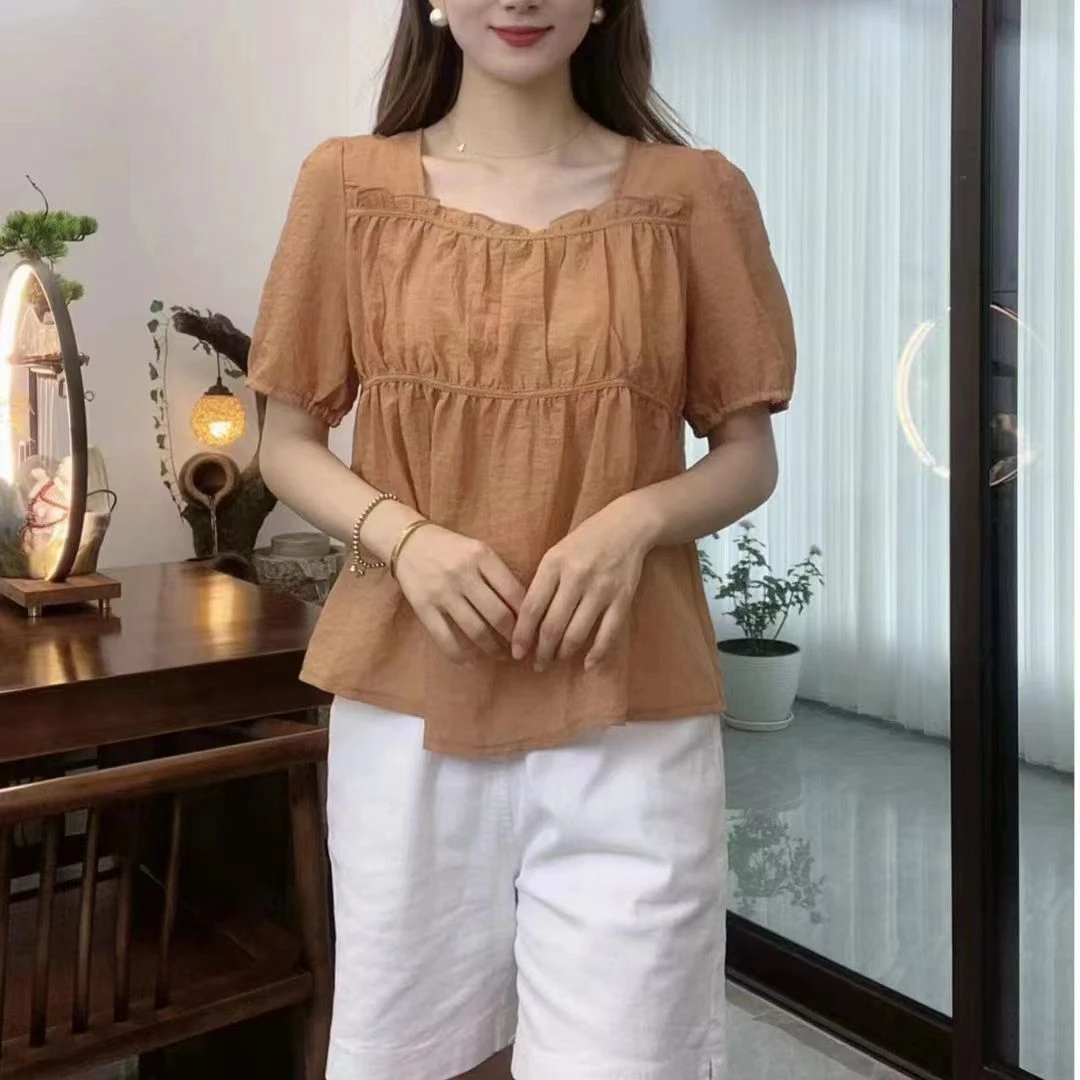 女士洋气褶皱短袖纯色百搭气质夏季休闲小衫