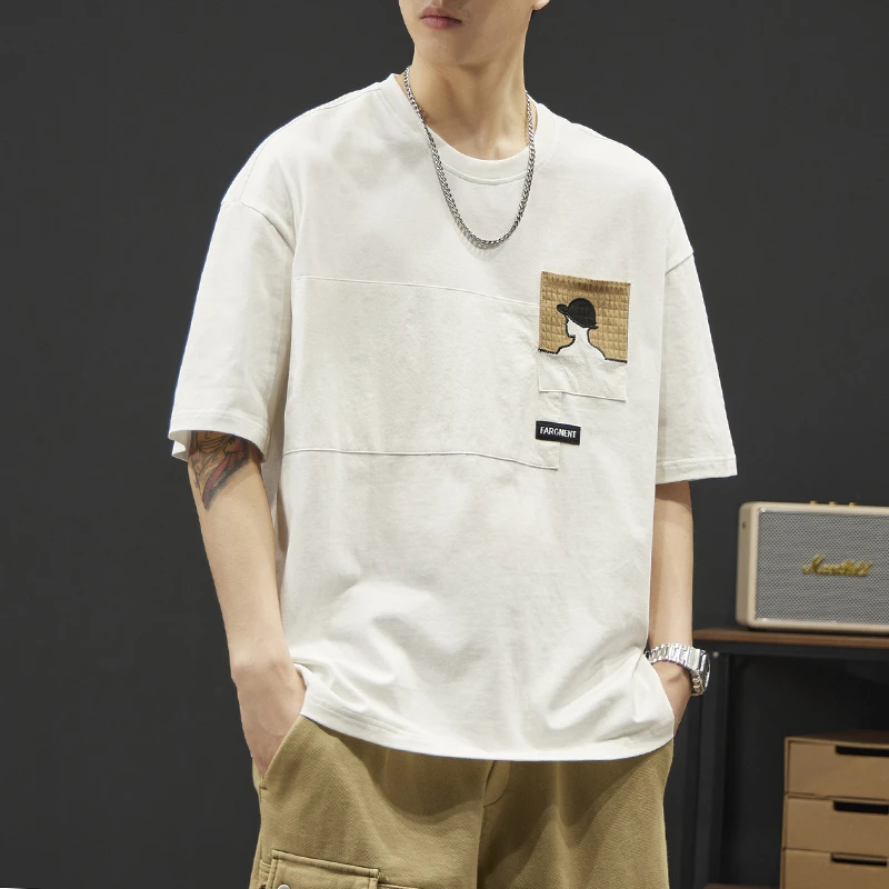 短袖t恤男士夏季2025圆领复古美式机车半袖上衣水洗宽松高街撞色