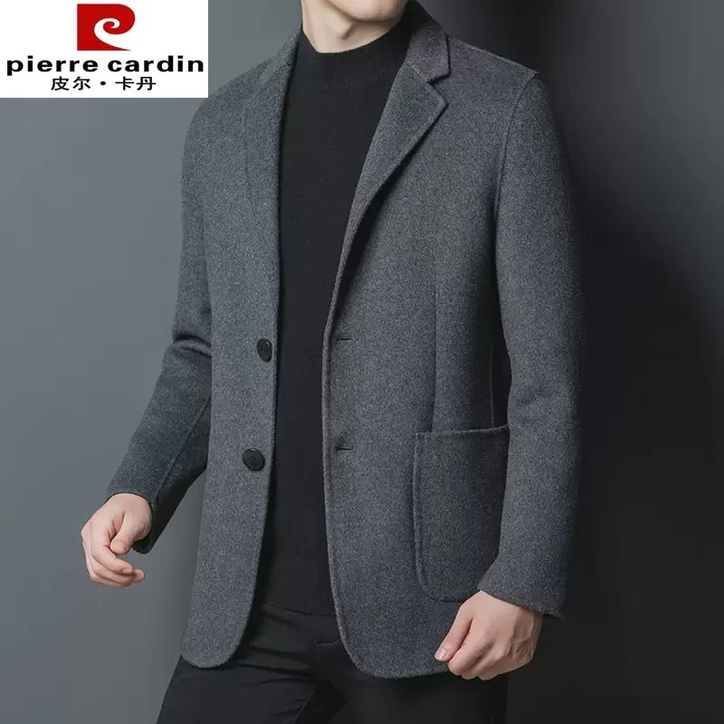 皮尔卡丹男士秋冬季潮流西装领中年双面呢大衣羊毛尼外套爸爸装夹
