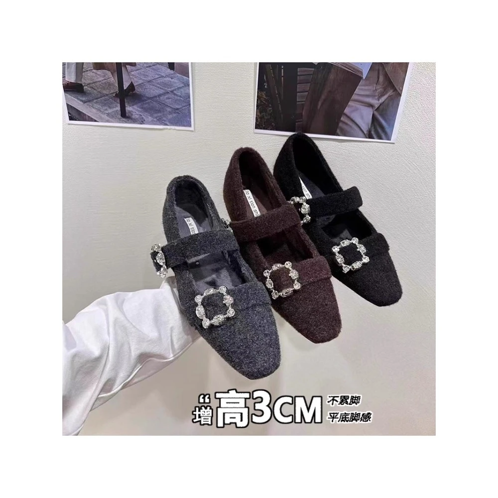 内增高方头水钻单鞋女鞋子2026秋冬季加绒灰色毛毛鞋玛丽珍晚晚鞋