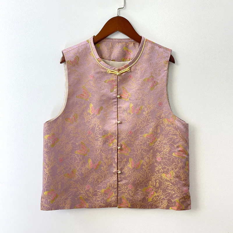 2025新粉色蝶恋花马甲新中式国风复古气质立领对襟女士春秋马夹