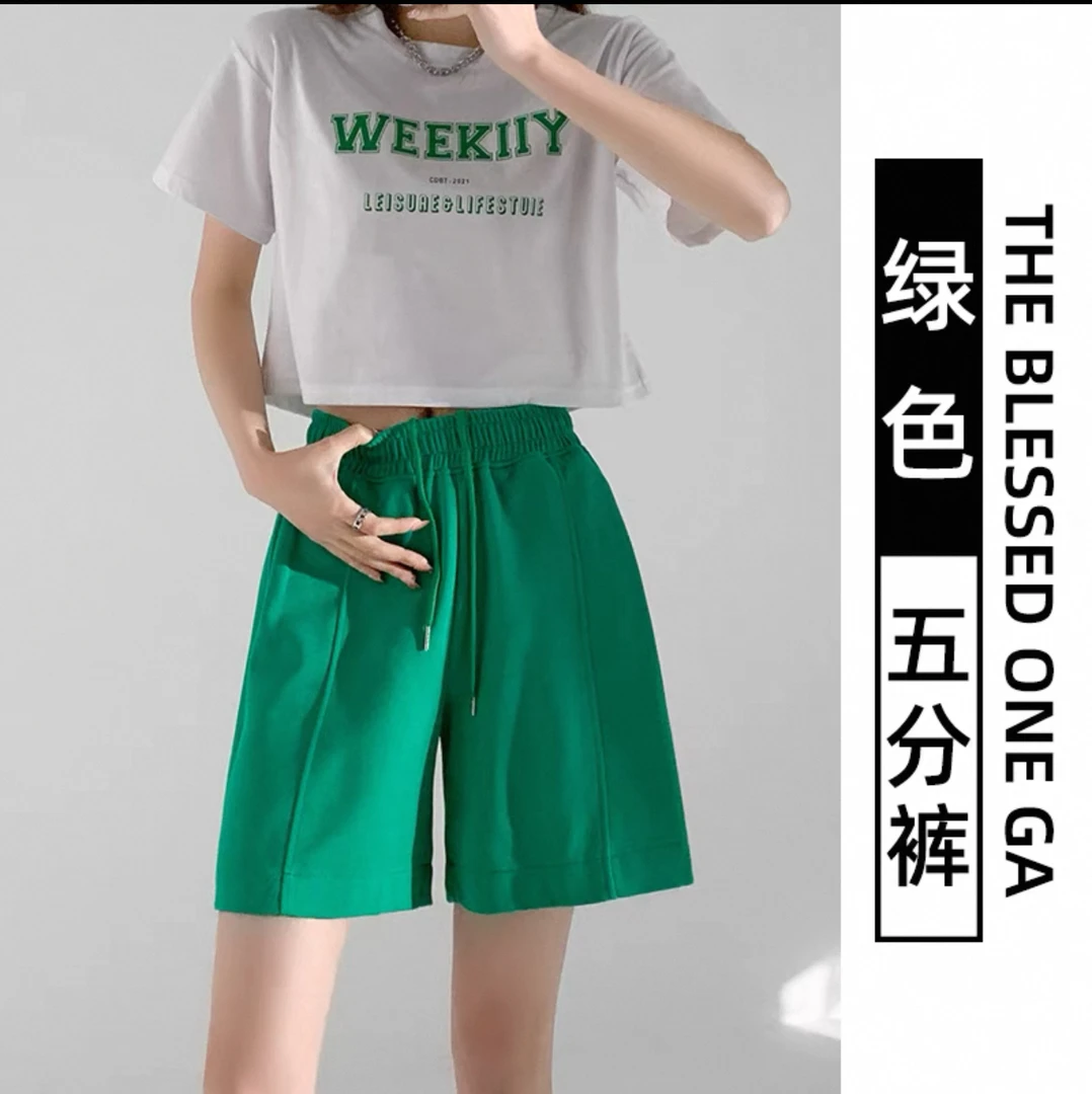 美式复古运动短裤女夏季宽松百搭阔腿卫裤高腰松紧抽绳五分裤中裤