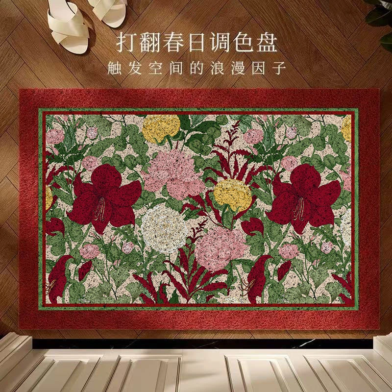 簇锦丝圈地垫美式田园风红色喜庆玄关入户防滑门垫脚垫入户门垫
