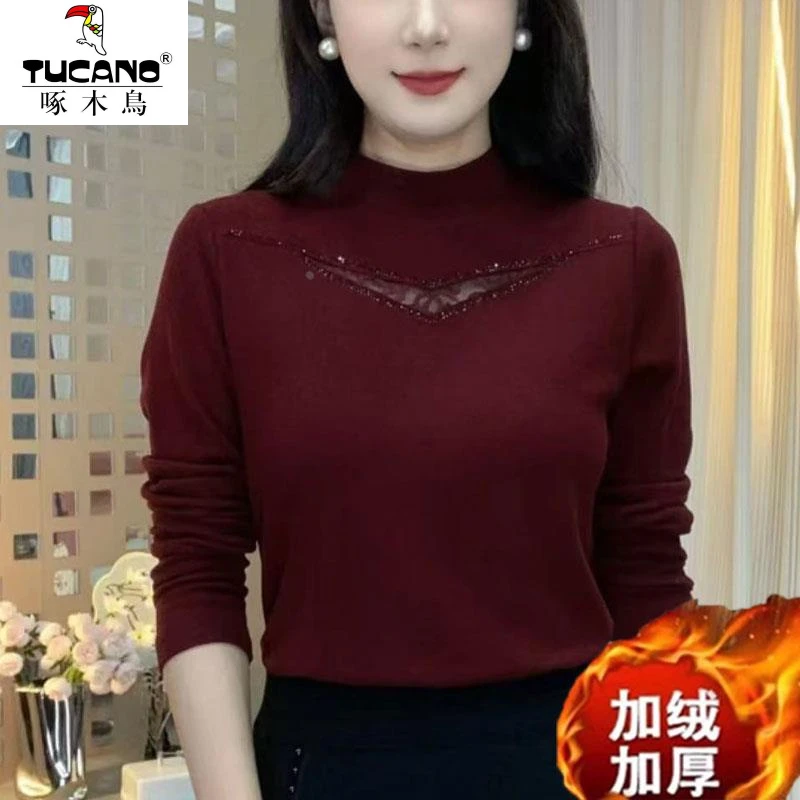 啄木鸟时尚秋冬季新品气质T恤减龄妈妈装洋气加绒保暖减龄款显瘦