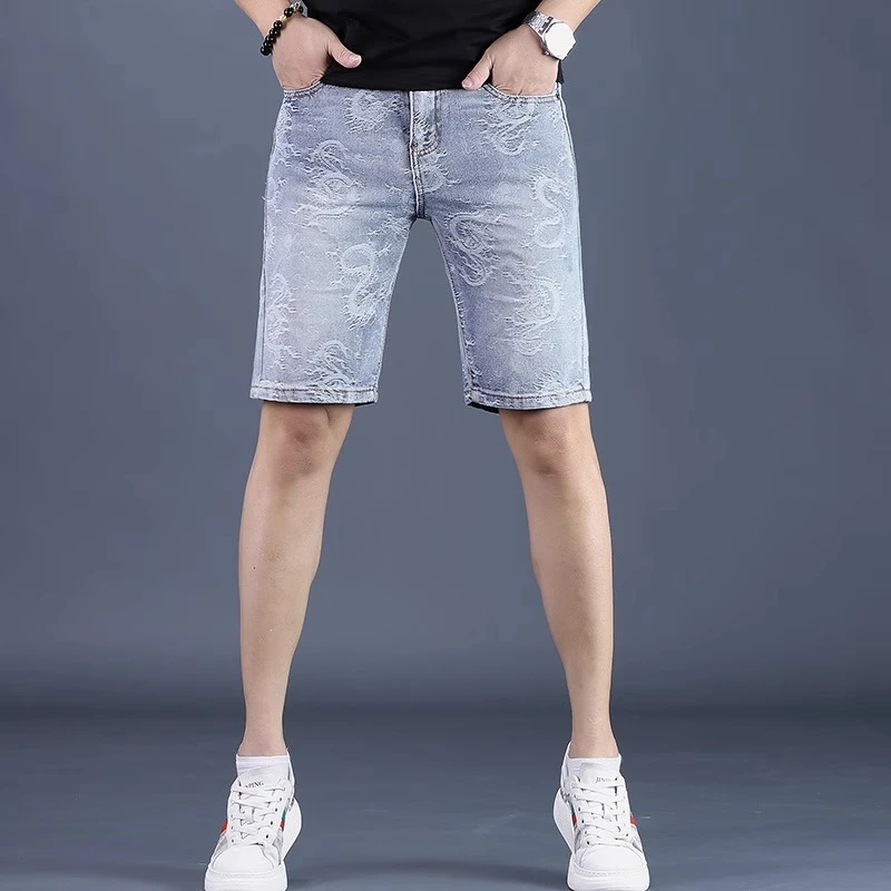 GS夏季薄款高端个性提花牛仔短裤男潮牌中裤5分裤男士修身五分裤