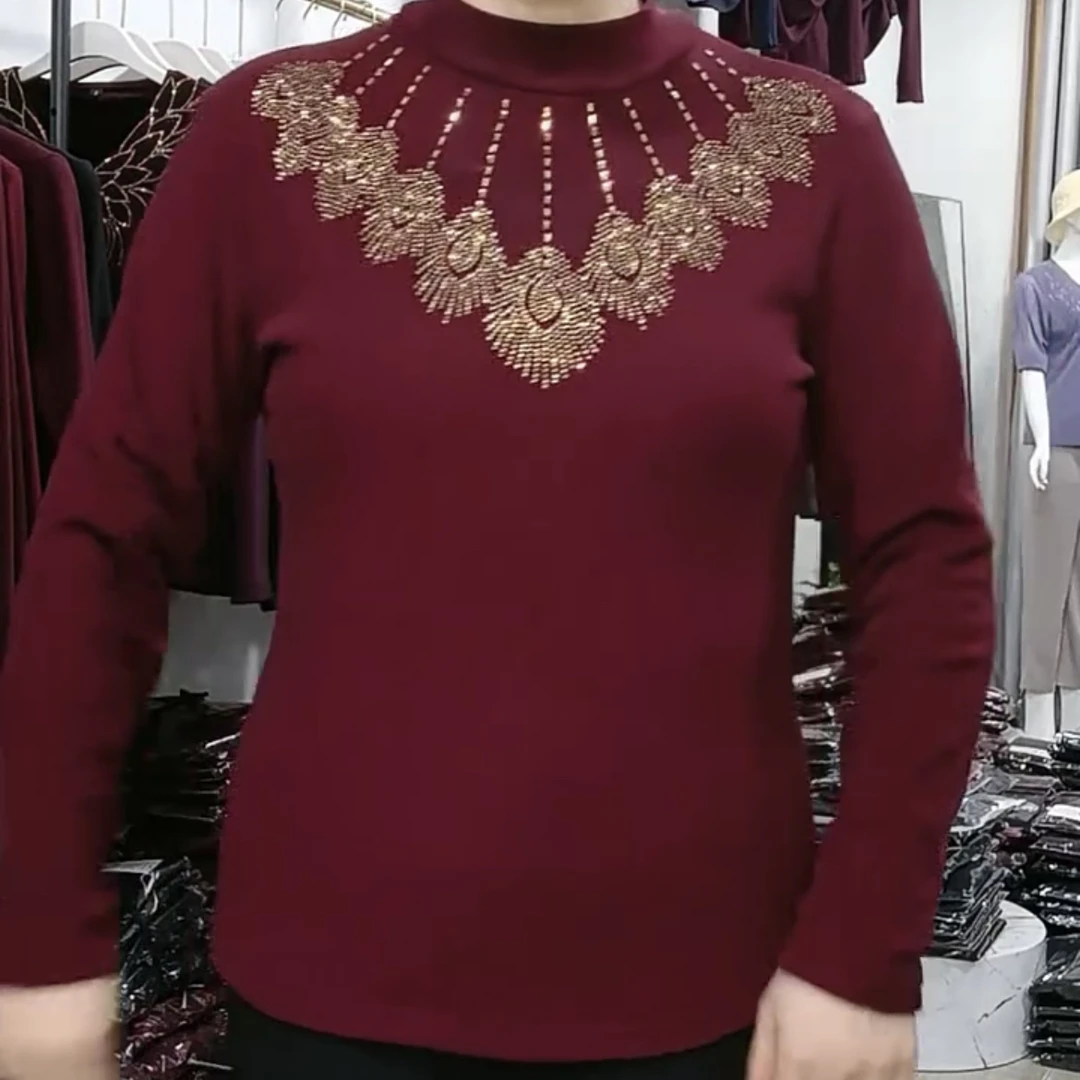镶钻常规半高领女轻熟风长袖T恤妈妈装打底衫洋气
