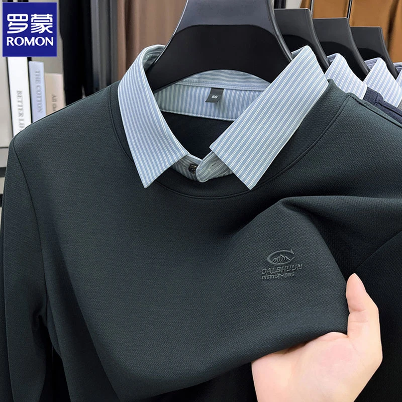 Romon/罗蒙秋季新款男假两件T恤商务休闲中年时尚撞色翻领上衣男