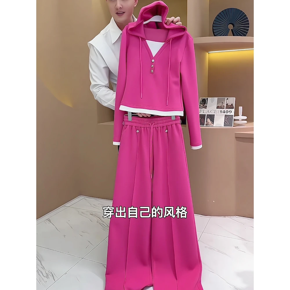 一整套早秋穿搭2025设计感气质修身复古长袖衬衫阔腿裤两件套装女