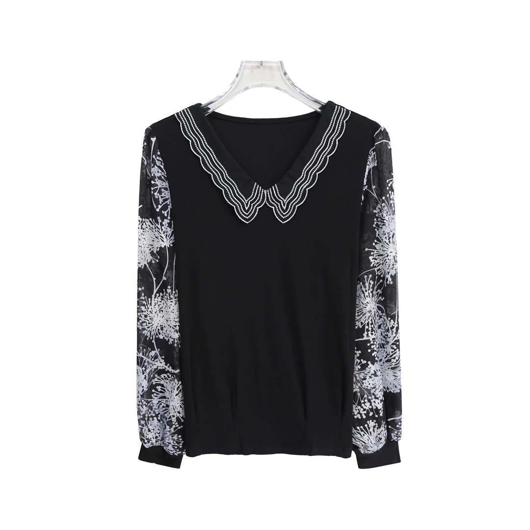 气质通勤印花宽松垂感拼接长袖洋气百搭T恤S3527