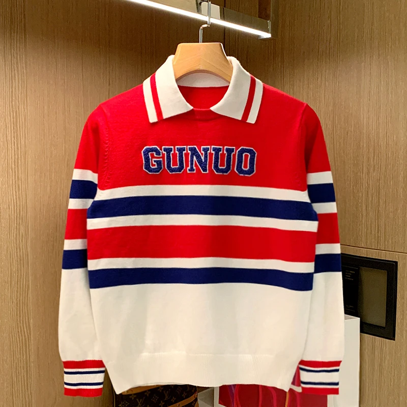 DeweLvum拼色休闲宽松条纹翻领毛衣男秋冬季时尚植绒长袖polo衫男