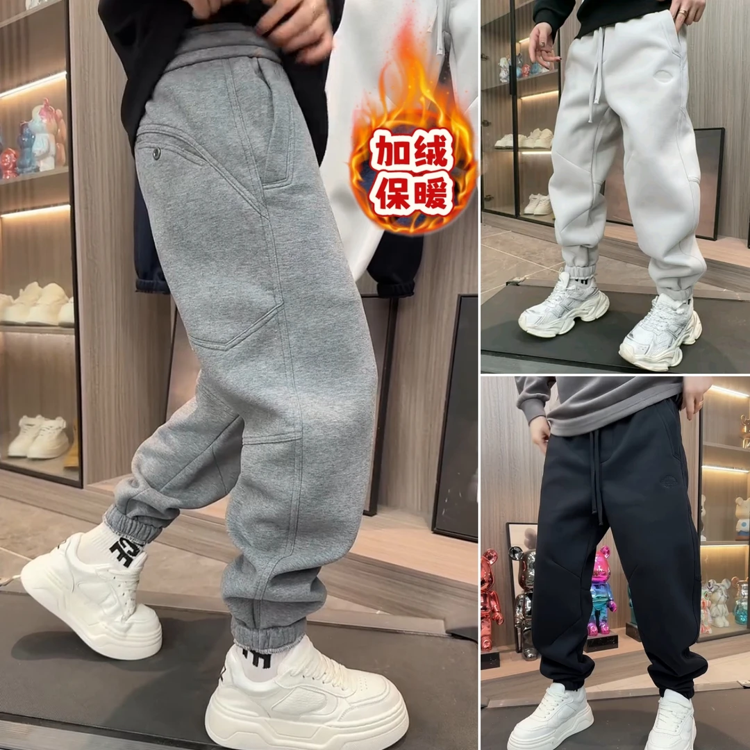 冬季加绒束脚裤宽松型直筒裤刺绣弯刀裤百搭潮流痞帅大码工装卫裤