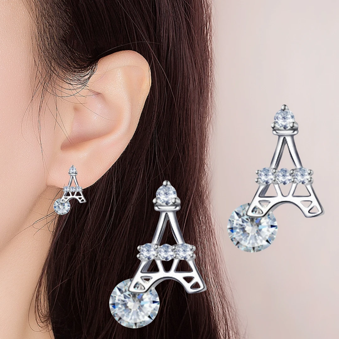 黄铜陶瓷耳饰 欧美意大利个性埃菲尔铁塔耳钉浪漫时尚可爱宝塔镶